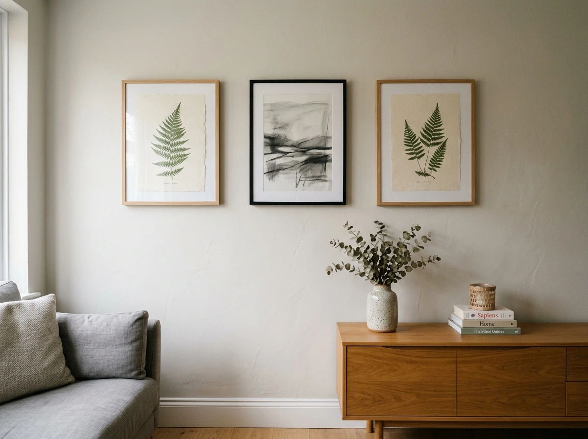 Three framed pictures hung evenly on a wall