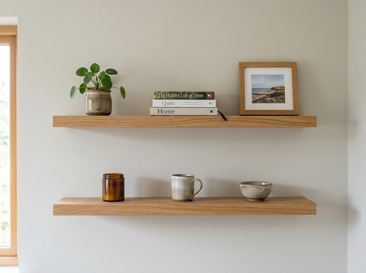 Fitted floating shelves on a living room wall