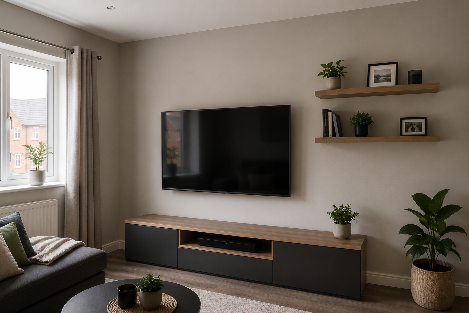 Wall-mounted television in a finished living room